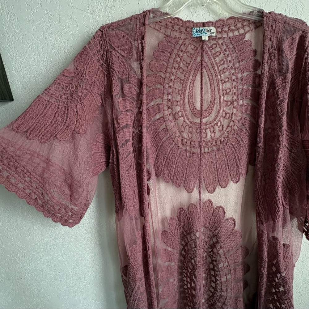 Rebellion Sheer Lace Duster/Kimono, Long Cardigan, Dark Rose Color, Sz. Small - Picture 3 of 12